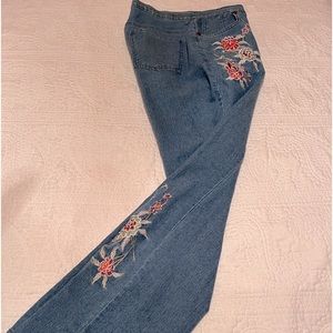 High Waist Mom Jeans with Floral Embroidery on hip & leg